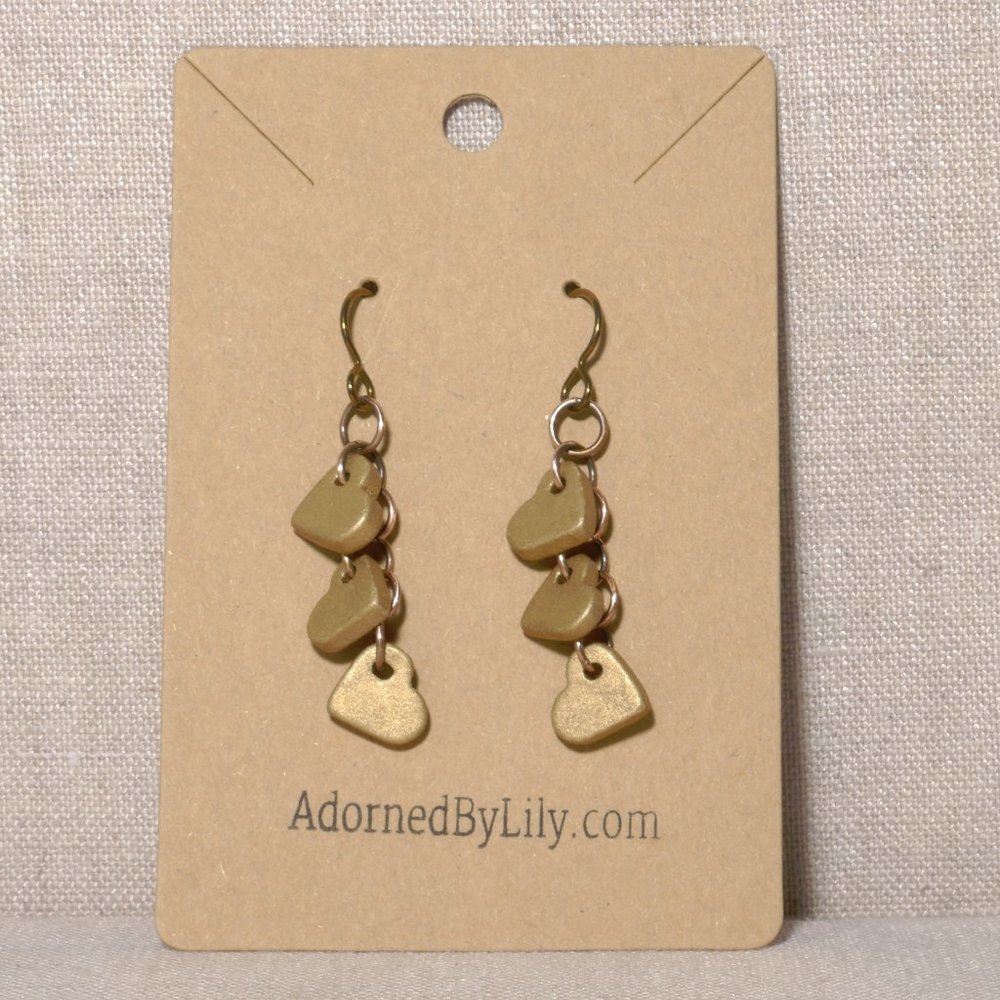Hand Crafted Handmade Earrings Satin Gold Ceramic Chain of Hearts Long E… - Picture 2 of 4